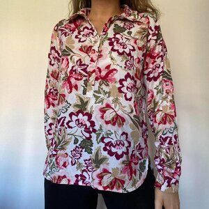 GAP womans red green white floral cotton boyfriend shirt top blouse tunic sz M